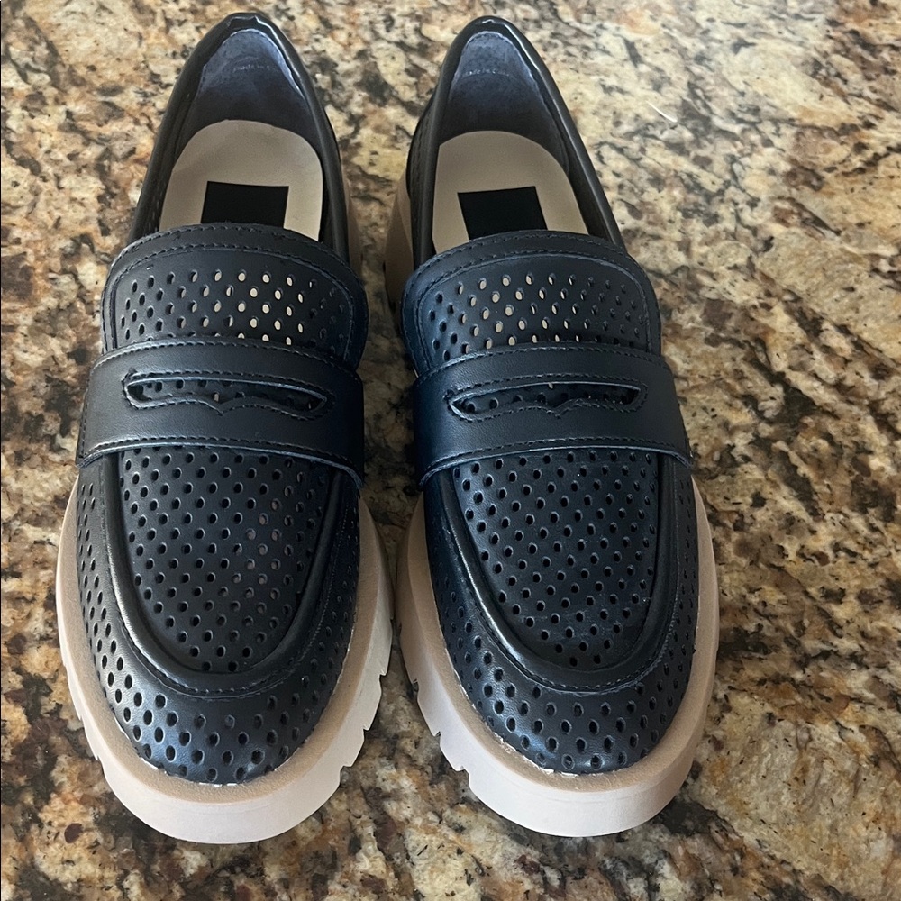 Dolce Vita Black Perforated Loafers with Tan Lug Soles